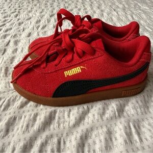 Puma Kids Red Suede Sneakers with Black Stripe and Gum Sole
